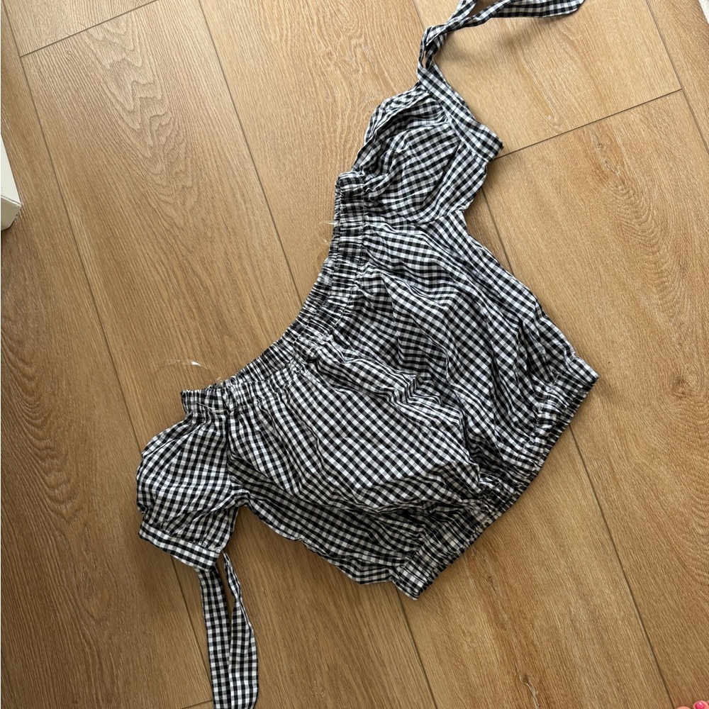 Gingham Off-Shoulder Crop Top in Black & White